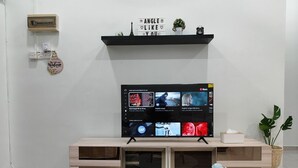 Een moderne woonkamer met een flatscreen televisie aan de muur, een houten tv-meubel met een afstandsbediening, en een bijzettafeltje met een potplant.