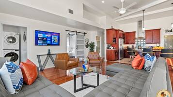 Smart TV, fireplace, video games, foosball