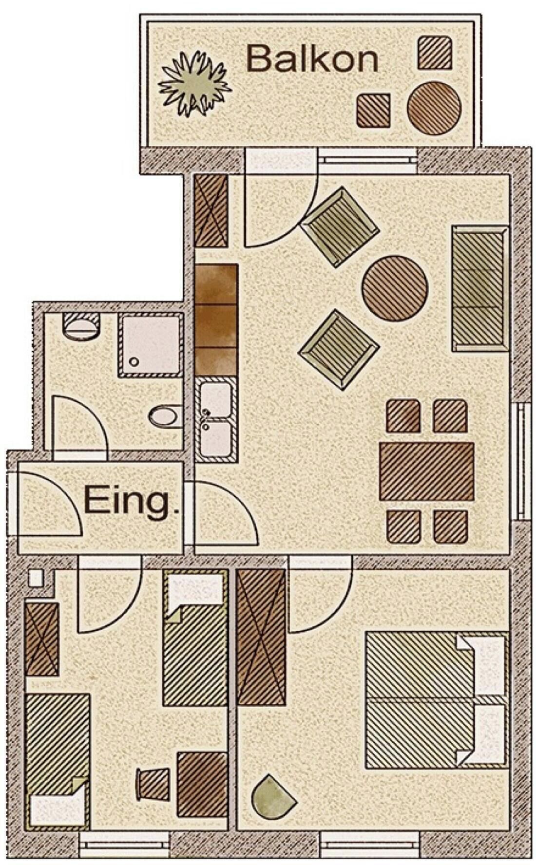 Plano de planta con balcón, entrada y varias habitaciones de diferentes formas y diseños.