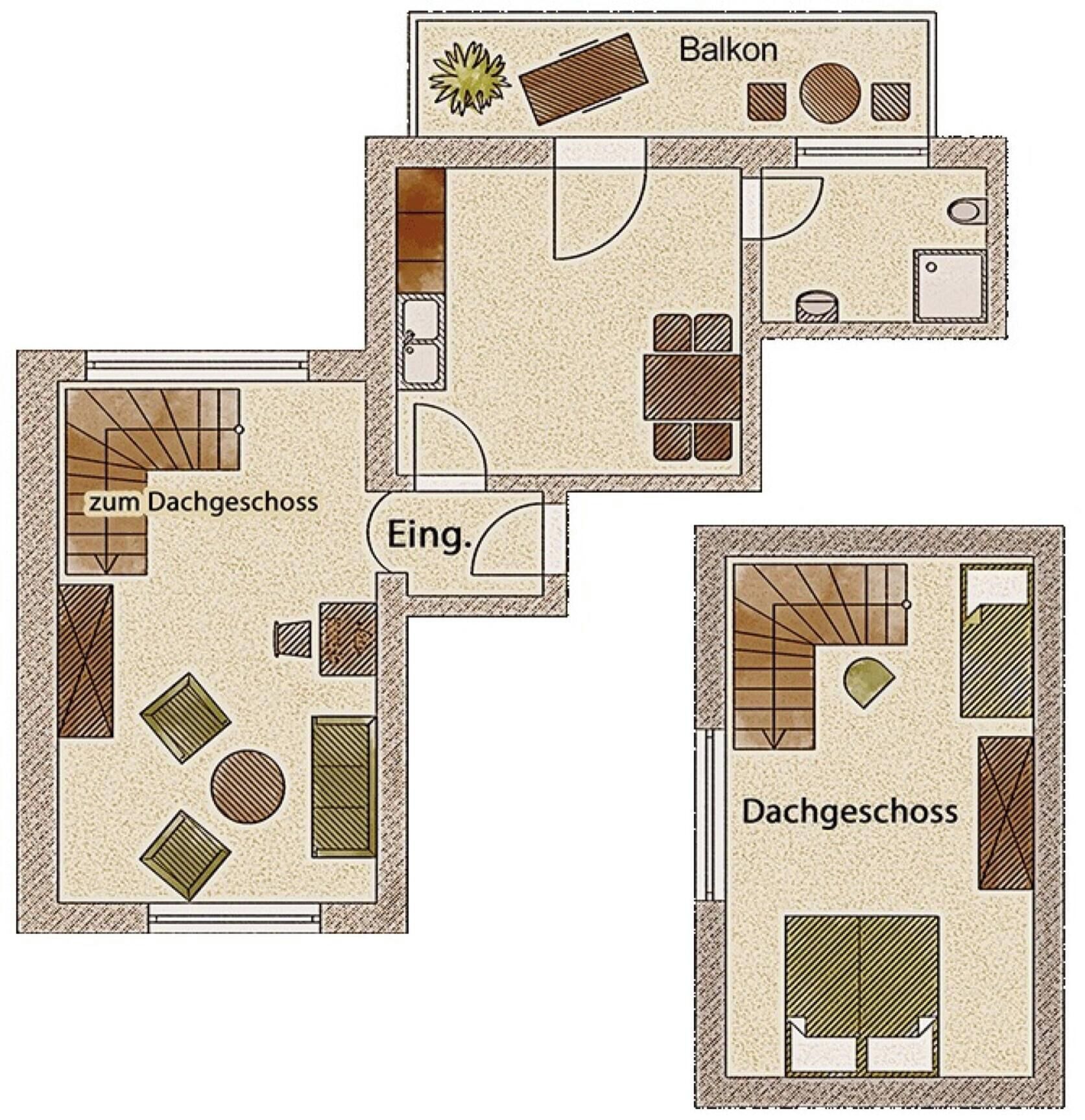 A floor plan with a balcony, a dining area, a kitchen, and a bathroom.