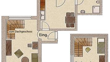A floor plan with a balcony, a dining area, a kitchen, and a bathroom.