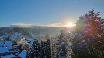 Een besneeuwd landschap met een zonsopgang, huizen en bomen.