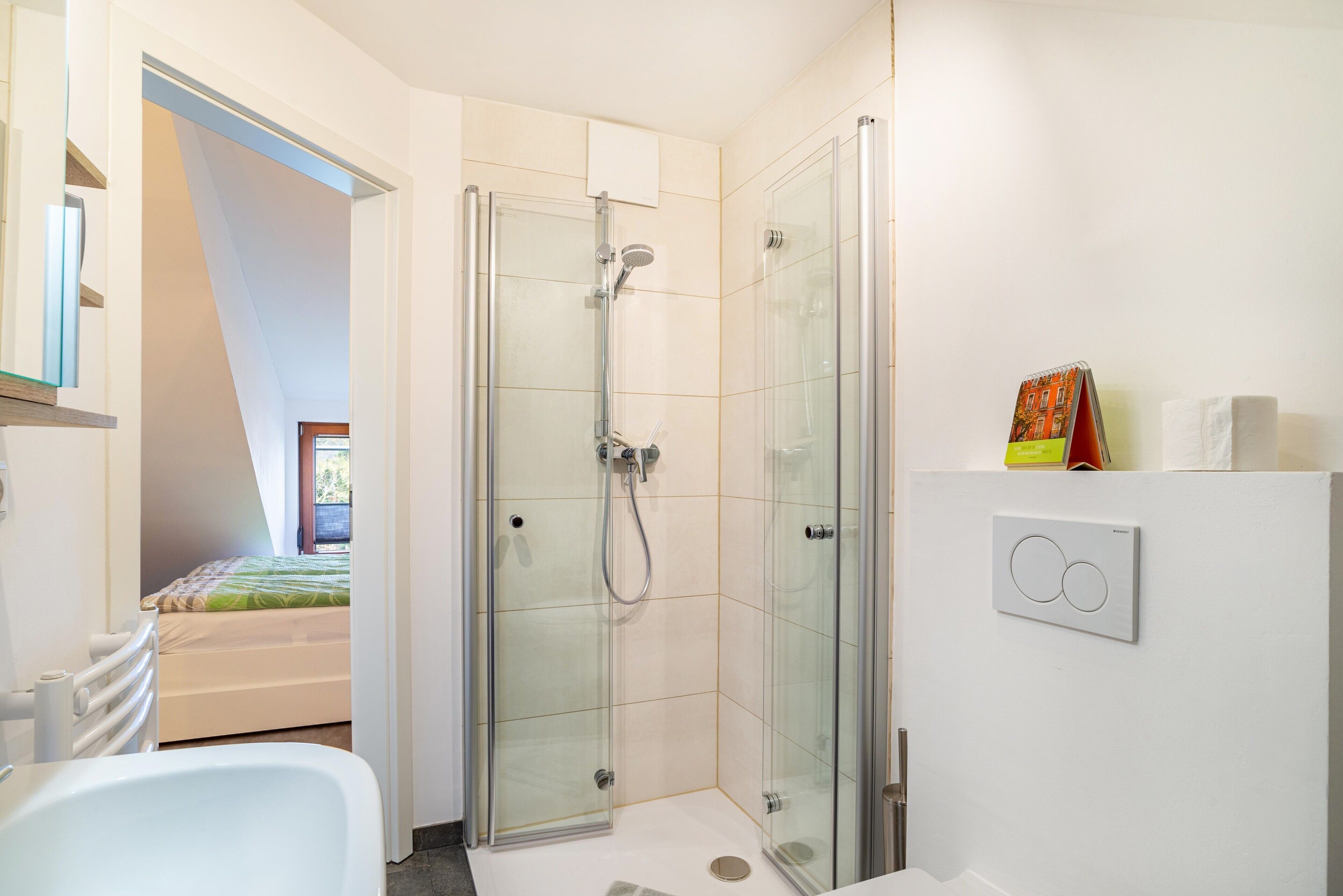 Shower, hair dryer, towels