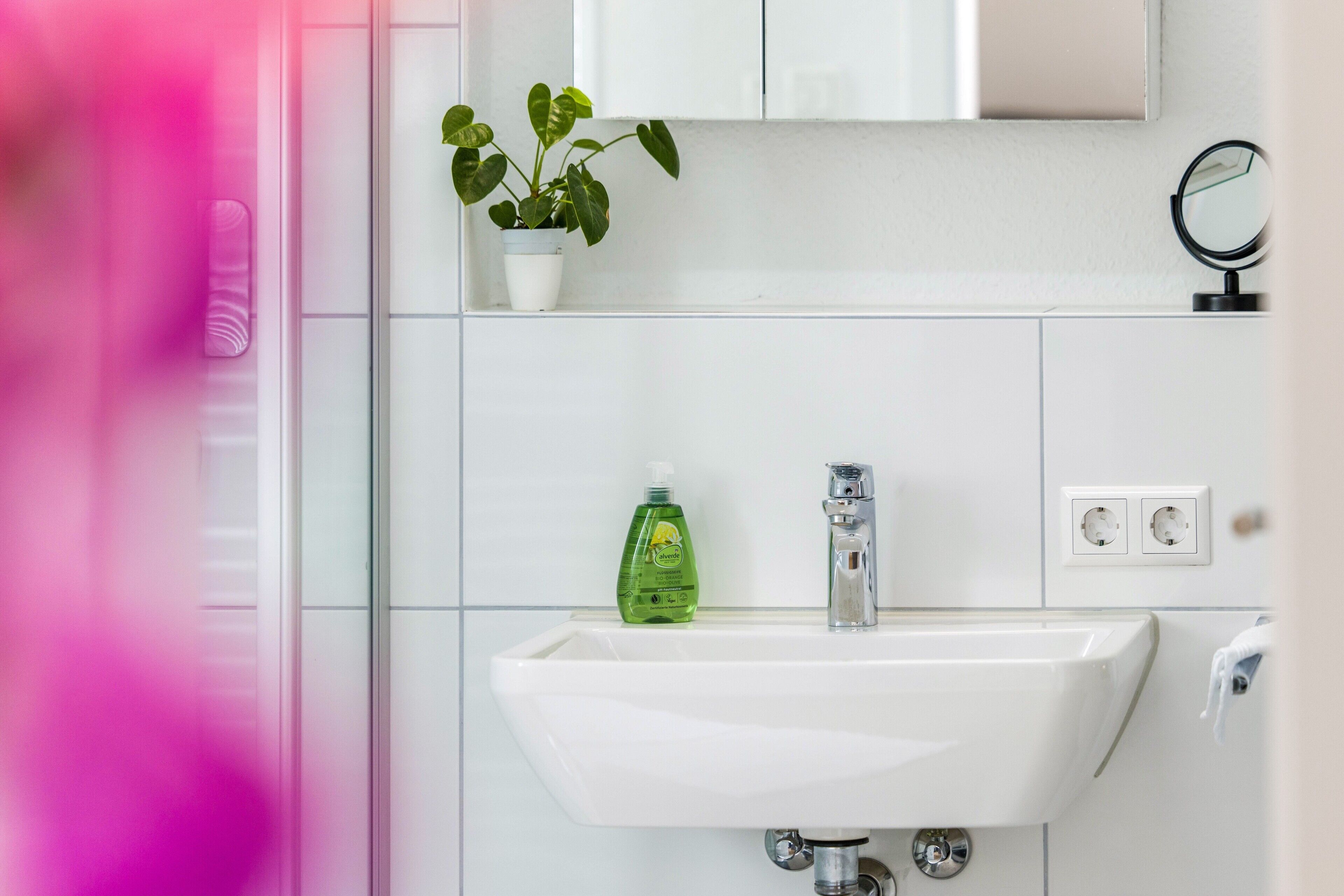 A bathroom with a white sink, a green plant, a mirror, and a soap dispenser.