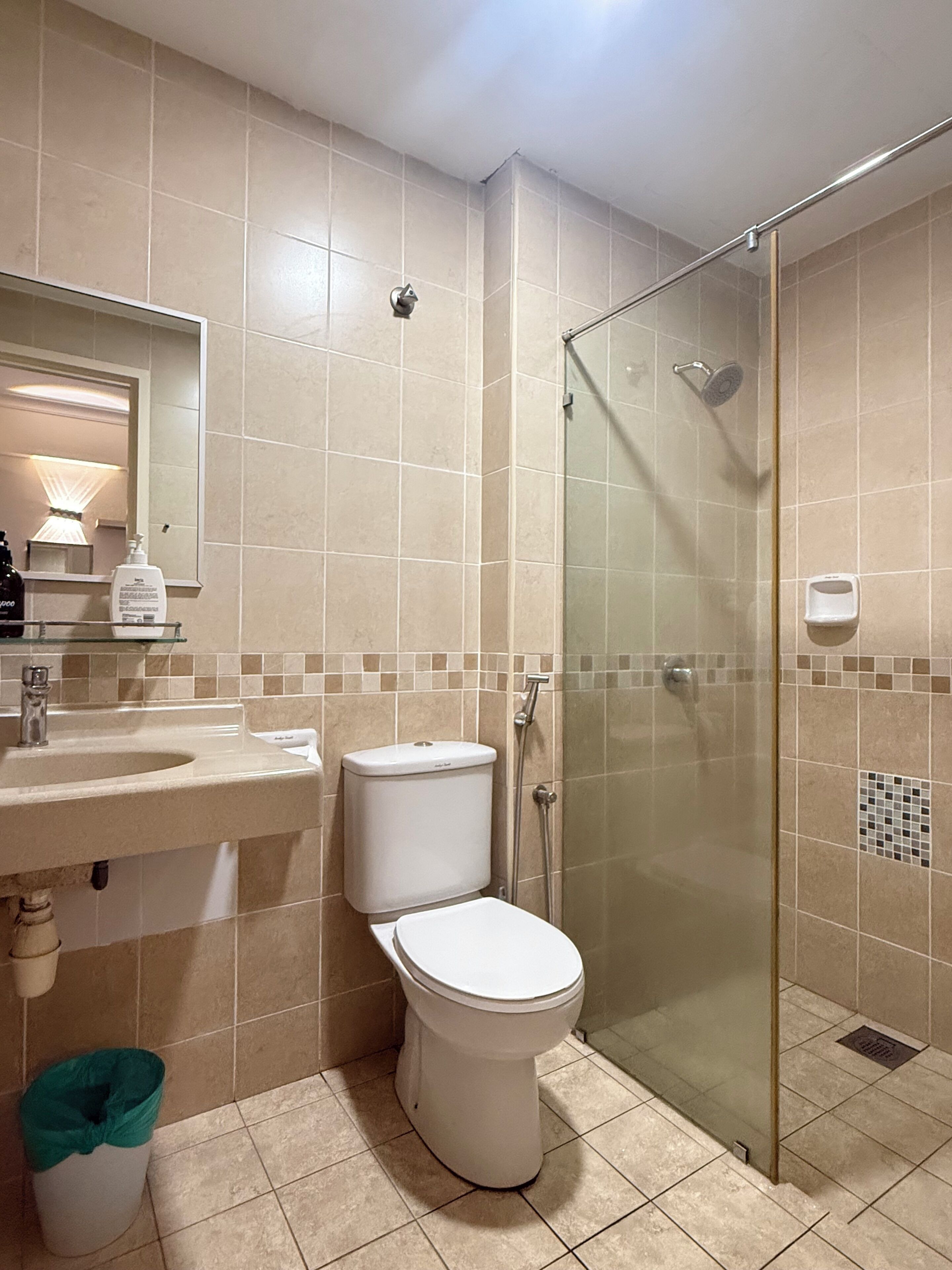 Un baño con ducha de vidrio, lavamanos con espejo e inodoro.