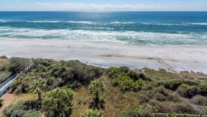 A coastal landscape with a sandy beach, ocean waves, and dense vegetation. - One Seagrove Place 0807 (Santa Rosa Beach)