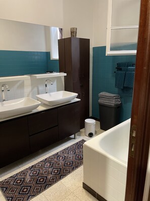 Hair dryer, towels, soap, shampoo