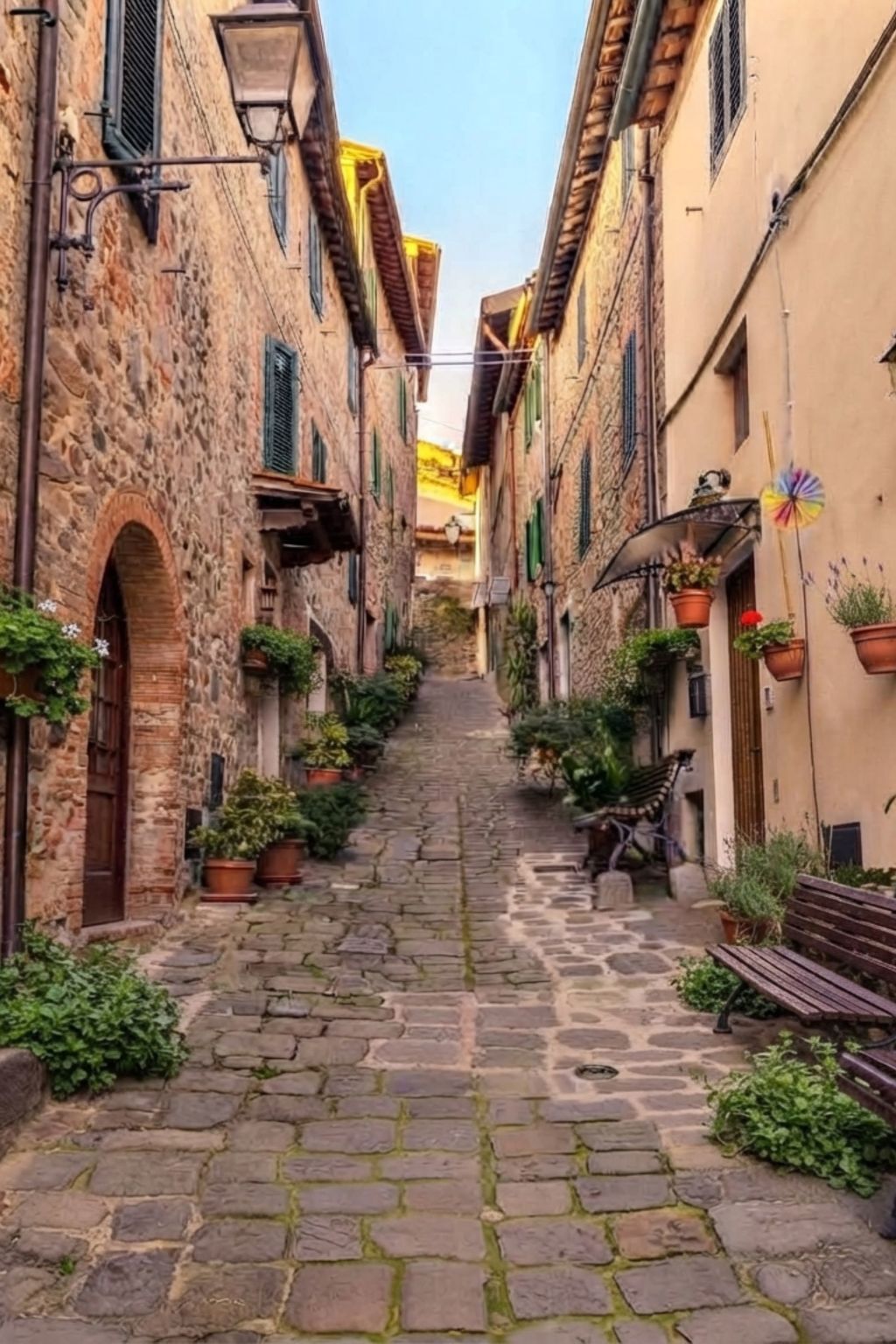 A narrow cobblestone street flanked by stone buildings with arched doorways and potted plants.