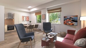 A modern living room with a dining area, kitchen, and large windows with blinds. - A Luxurious 1BR Kolonaki Haven (Athens)