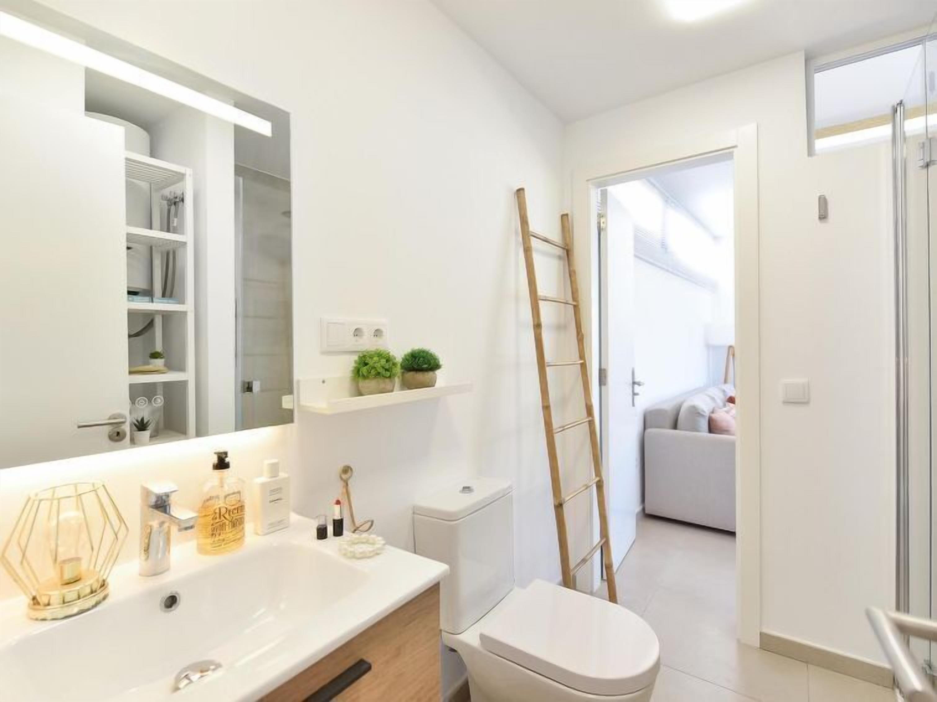 Une salle de bain moderne avec un grand miroir, un lavabo blanc et des toilettes. Deux petites plantes en pot sont posées sur une étagère au-dessus du lavabo. Une échelle en bois est appuyée contre le mur, près des toilettes.