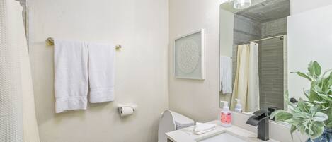 Un baño con inodoro, lavabo, espejo y toallero.