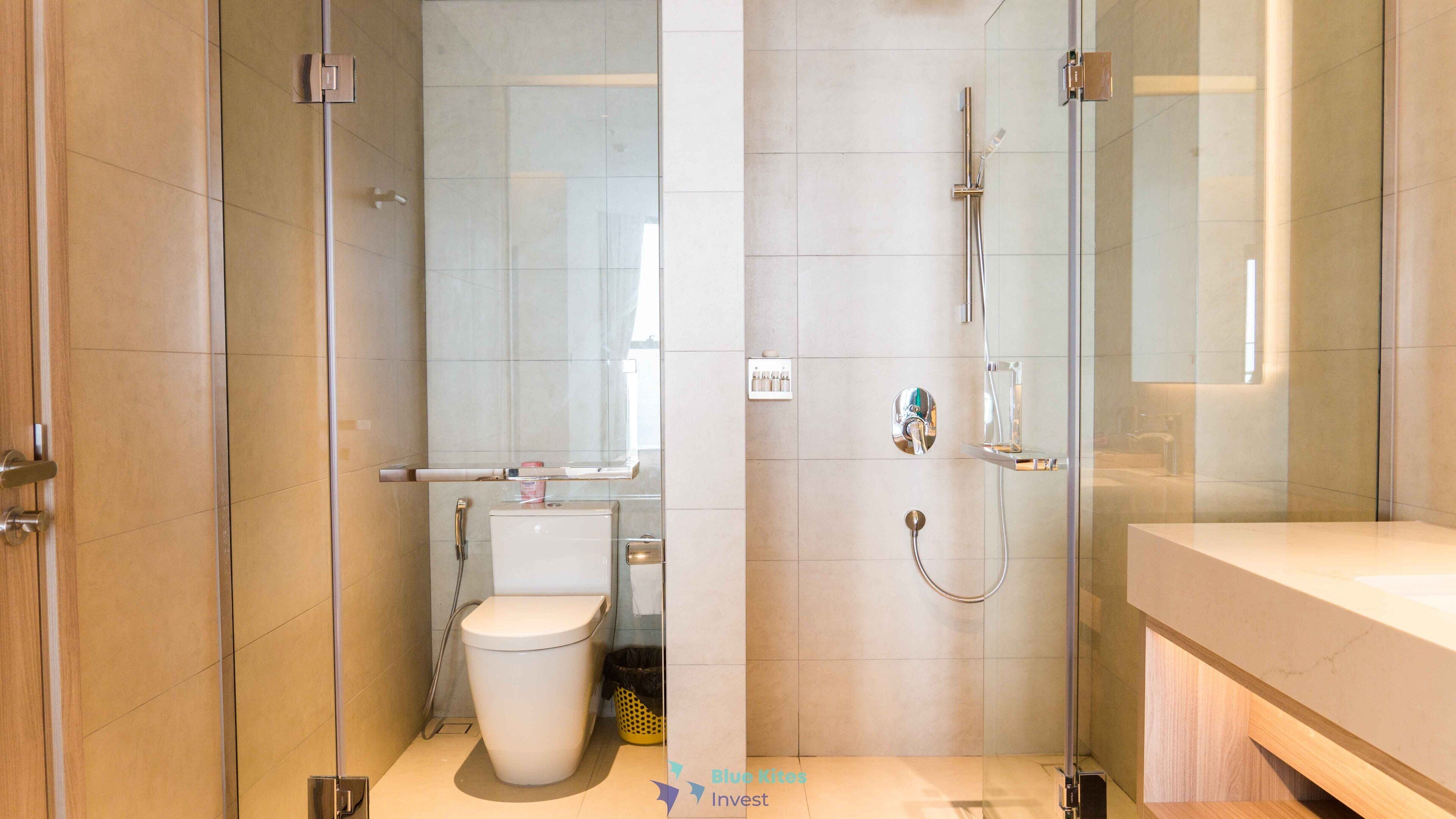 A modern bathroom with a glass shower enclosure, a toilet, and a sink.