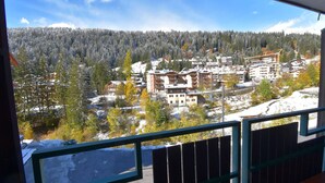 A mountain town with snow-covered buildings and a dense forest in the background.