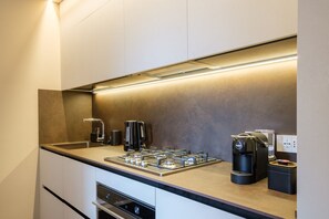 Fridge, oven, dishwasher, cookware/dishes/utensils