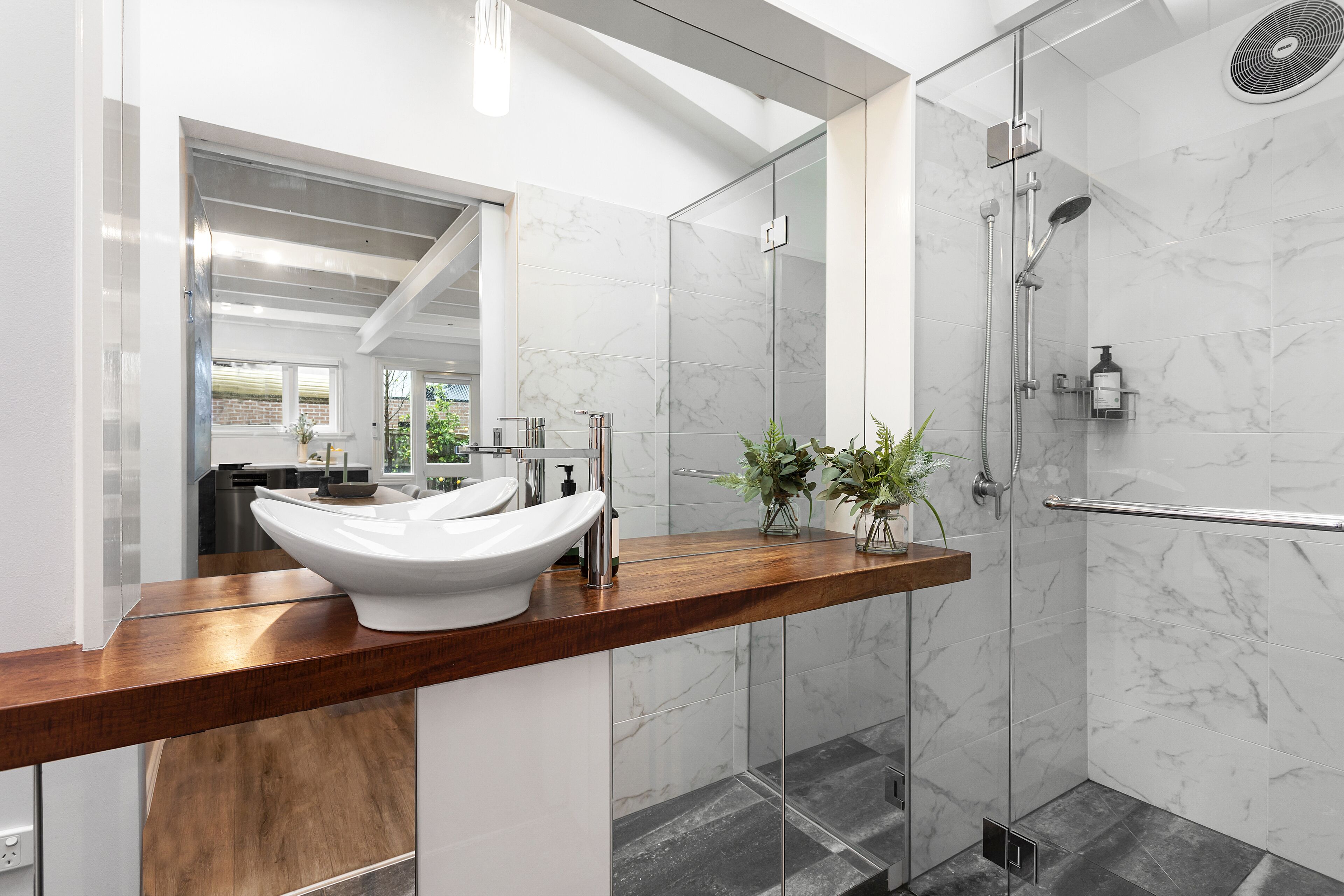 Shower, towels, soap, toilet paper