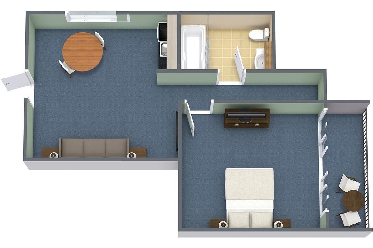 A 2-bedroom apartment layout with a living room, dining area, kitchen, and bathroom.
