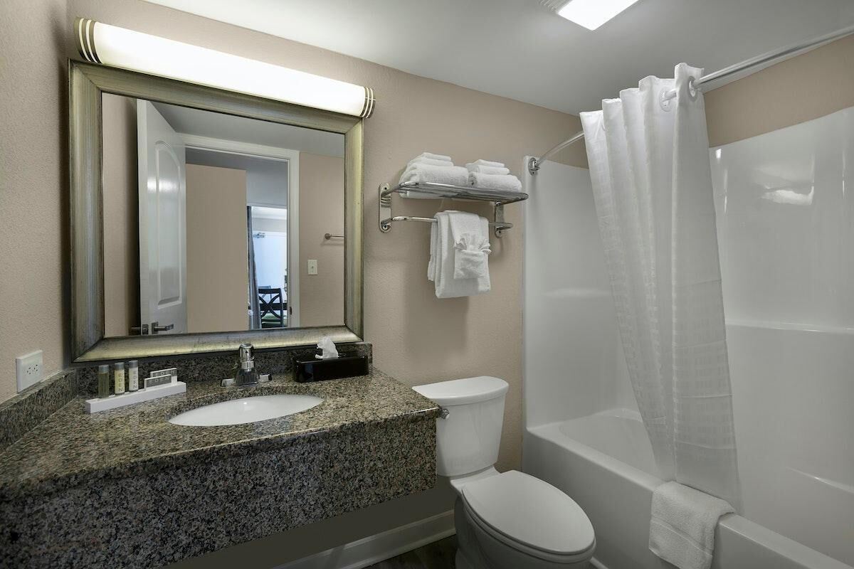 Bagno con lavabo su piano in granito, water, vasca da bagno con tenda doccia e specchio con luce soprastante.