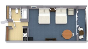 Indeling van een hotelkamer met twee bedden, een badkamer, een kleine keuken en een eethoek met een ronde tafel en stoelen.