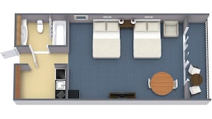 A hotel room layout with two beds, a bathroom, a small kitchen, and a dining area with a round table and chairs. - Oceanview Room 3rd Floor Oceanview Bliss (Myrtle Beach)