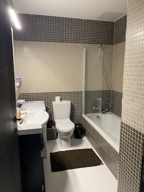 Secadora de cabello, toallas, papel de baño 