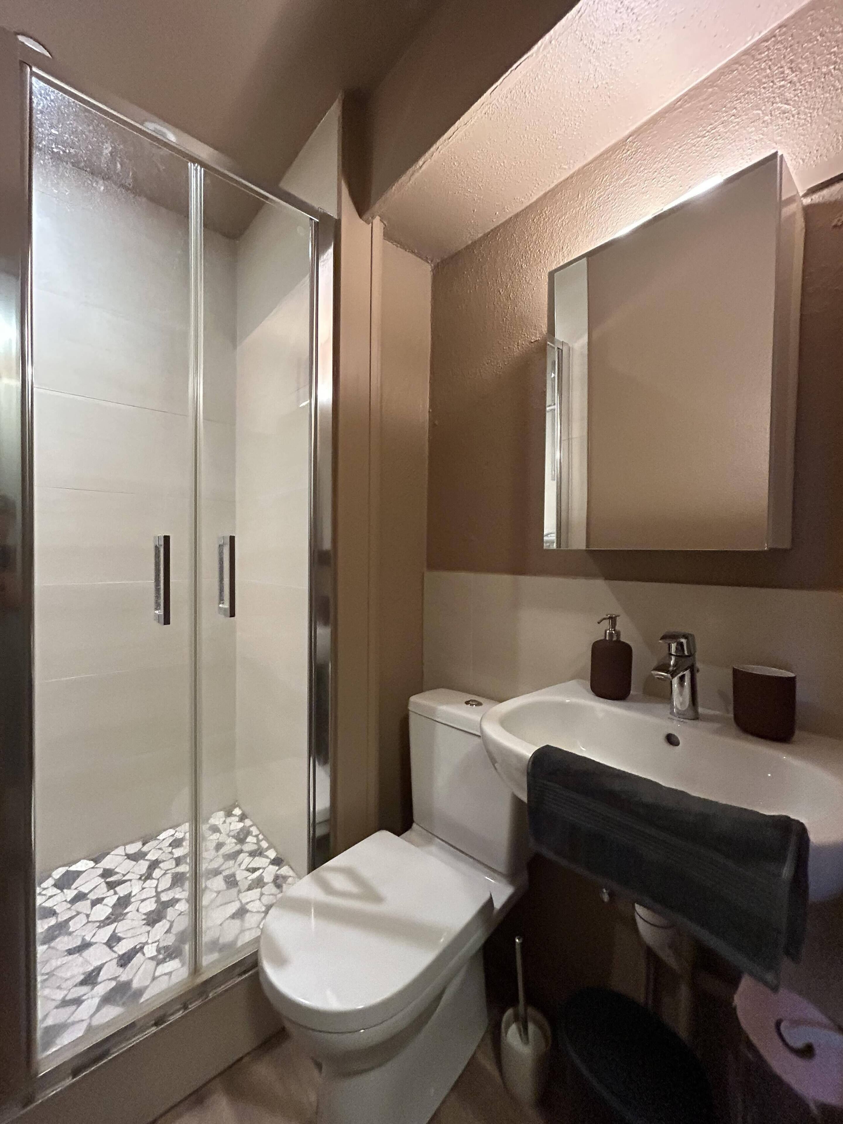 Hair dryer, towels, soap, shampoo