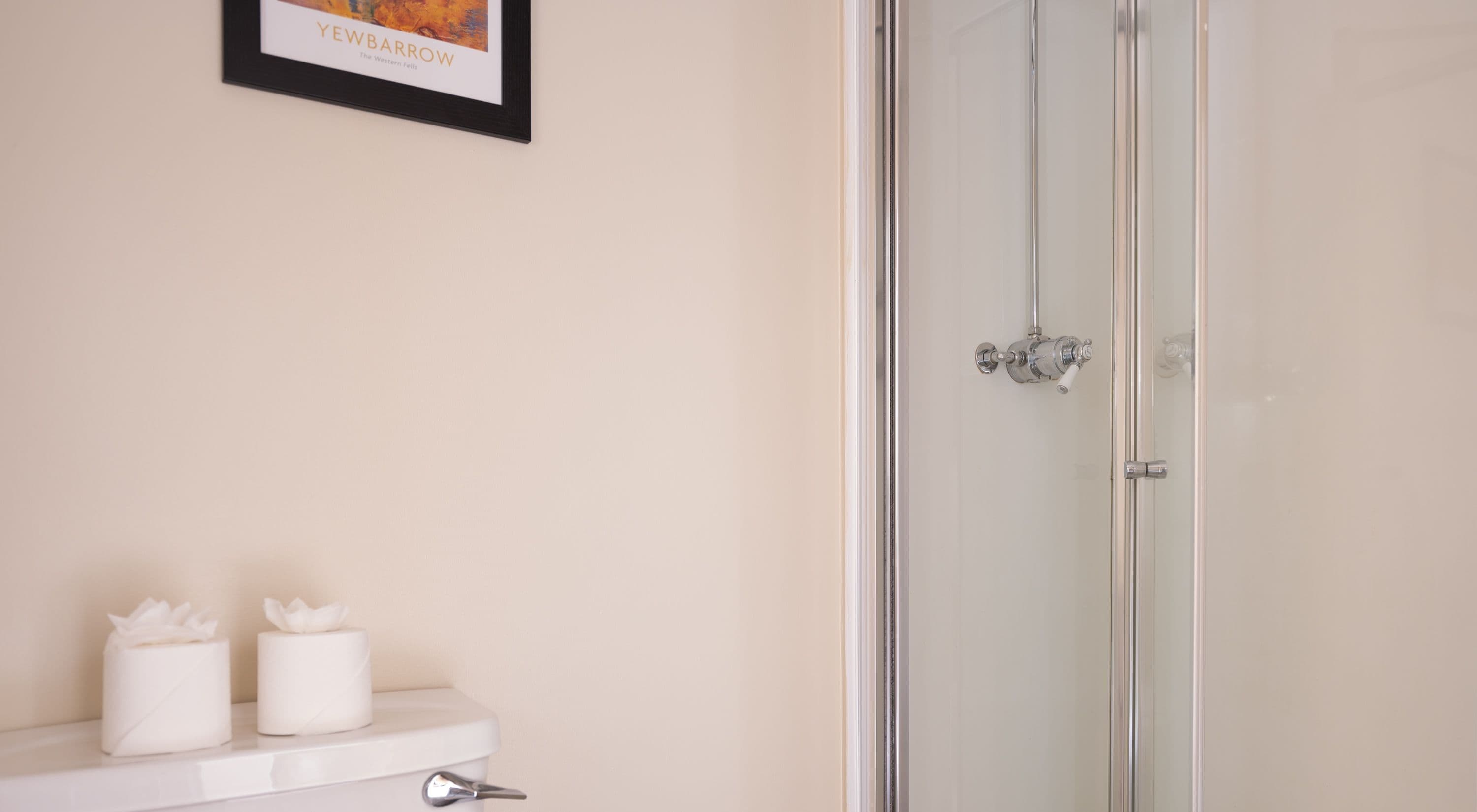 A bathroom with a toilet, a glass shower enclosure, and a framed picture on the wall.