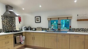 Een moderne keuken met een gasfornuis, een roestvrijstalen afzuigkap en een raam met uitzicht op groen.