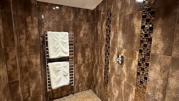 Shower, hair dryer, towels, toilet paper