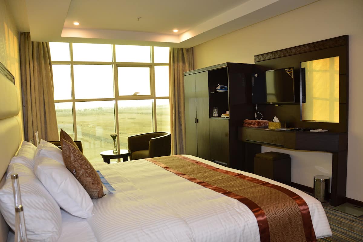 A hotel room with a large bed, a desk with a mirror, a television, and a view of the outdoors.
