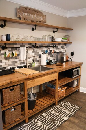 Fridge, microwave, coffee/tea maker, electric kettle