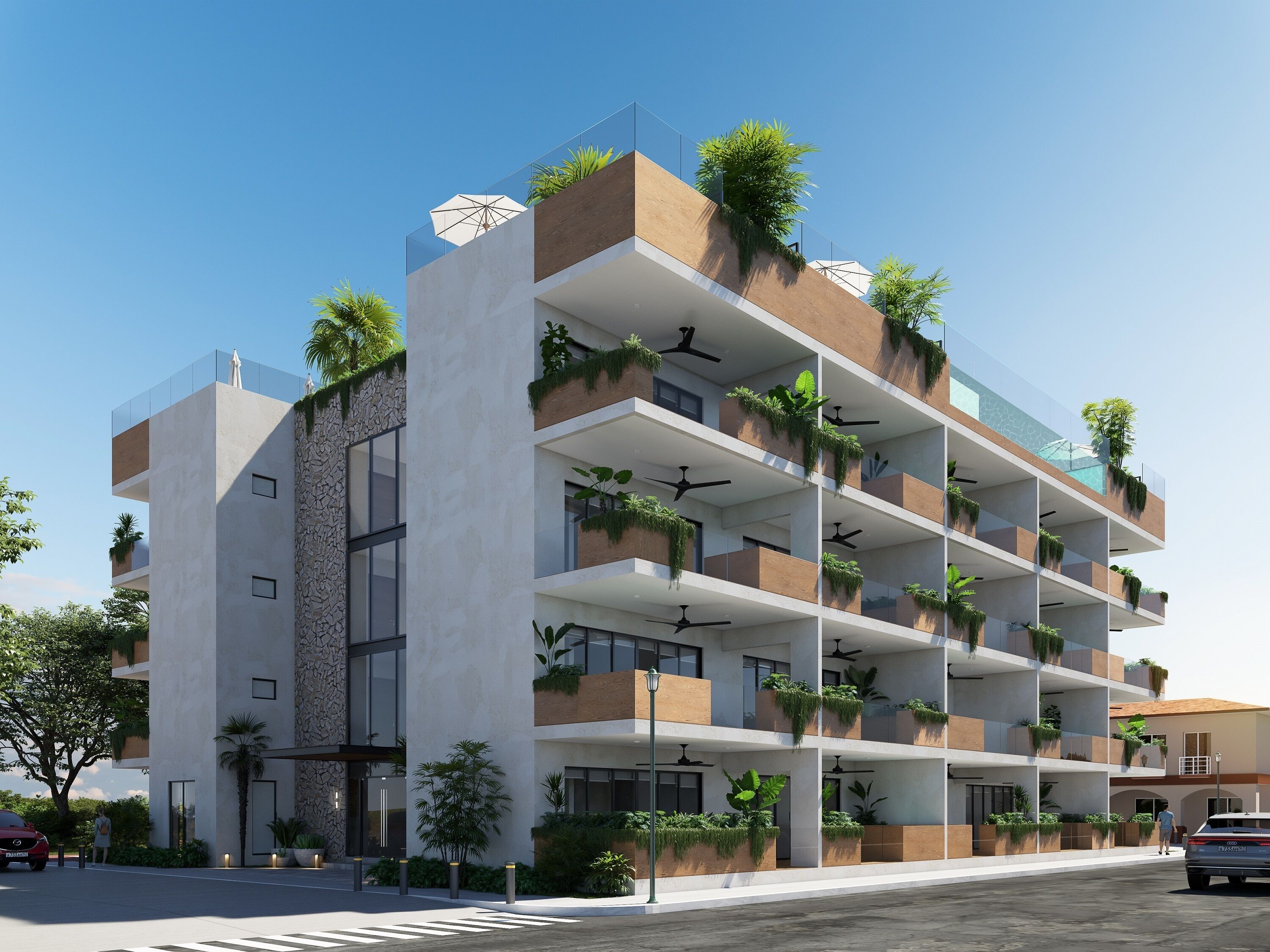A multi-story residential building with balconies, large windows, and outdoor plants.