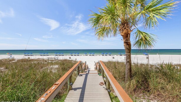 A wooden boardwalk leading to a beach with umbrellas and a palm tree.