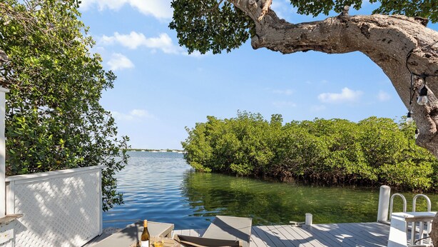 Een houten terras met een tafel en stoelen, uitkijkend op een waterpartij met mangroven.