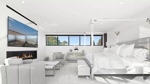 A modern, well-lit living room with a fireplace, a large TV, and a comfortable seating area. - Newly developed contemporary home situated on 1.5 acres. (Water Mill)