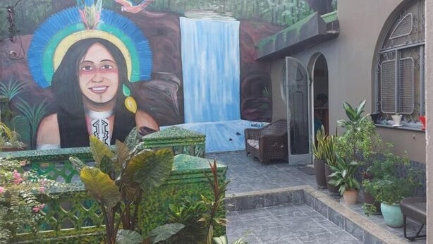 A courtyard with a mural, a waterfall, and potted plants. - Aldeia Hostel II (Manaus)