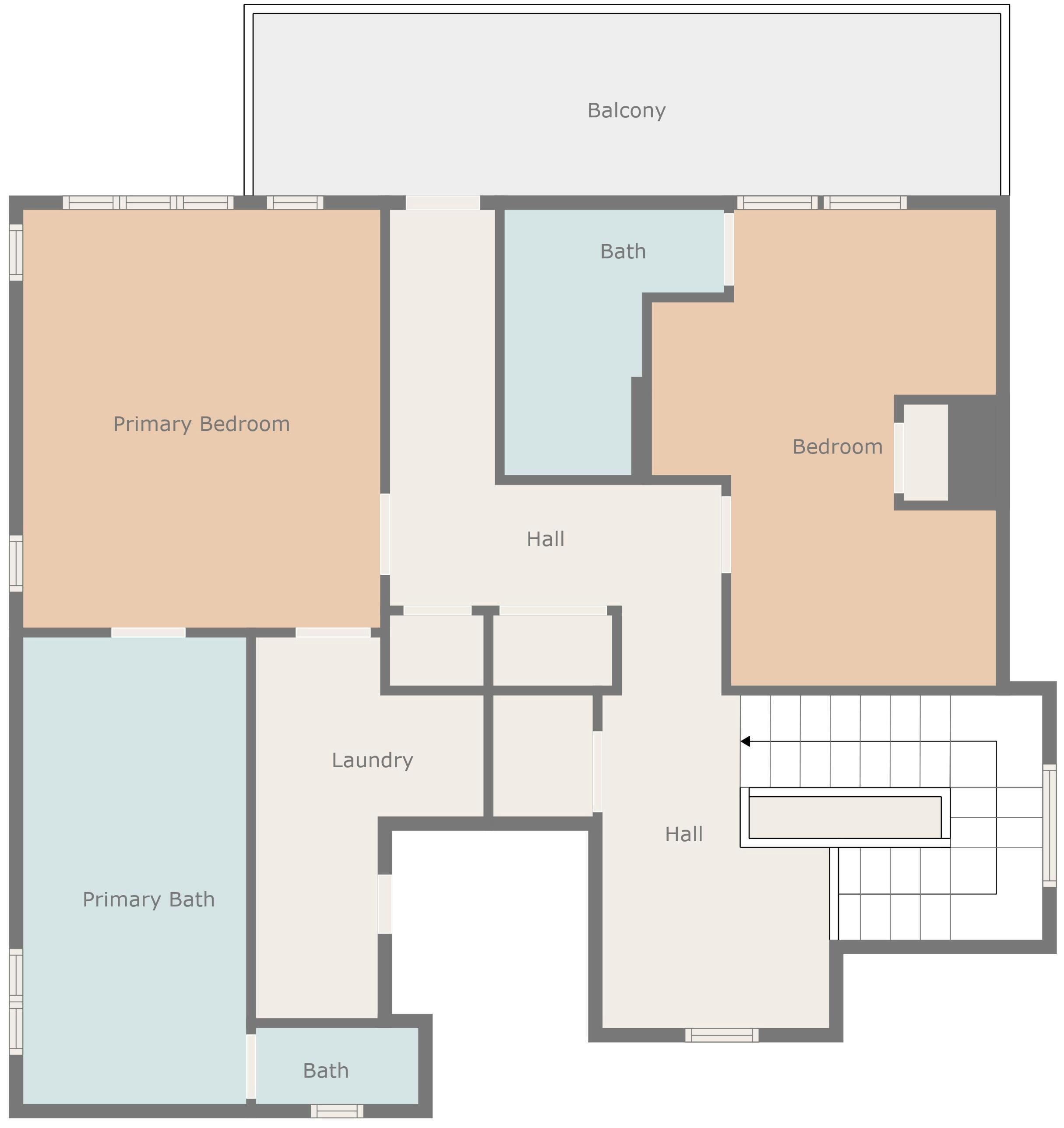 A floor plan with a primary bedroom, secondary bedroom, balcony, primary bath, secondary bath, laundry, and two halls.