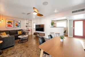Smart TV, fireplace, books