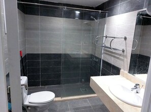 Shower, bidet, towels, soap