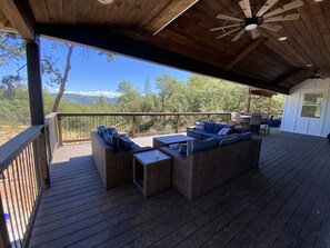 Terrace/patio - Ultimate Group Getaway: Swimming Pool, Game Room, Bocce & Mountain Views! (Murphys)