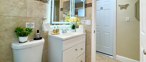 Hair dryer, bidet, towels, soap