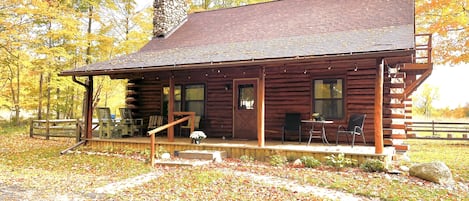 Situated in a wooded area, this cabin features a porch with outdoor seating and a stone staircase leading to the entrance.