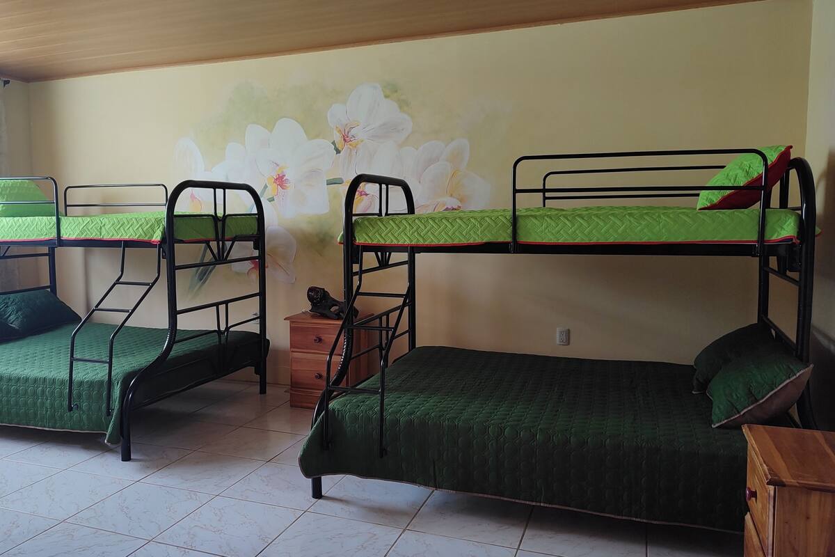 Une chambre de dortoir avec des lits superposés, une table de chevet en bois et une fresque murale.