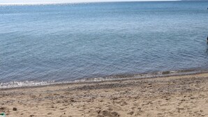 Una playa con agua cristalina y una orilla arenosa.