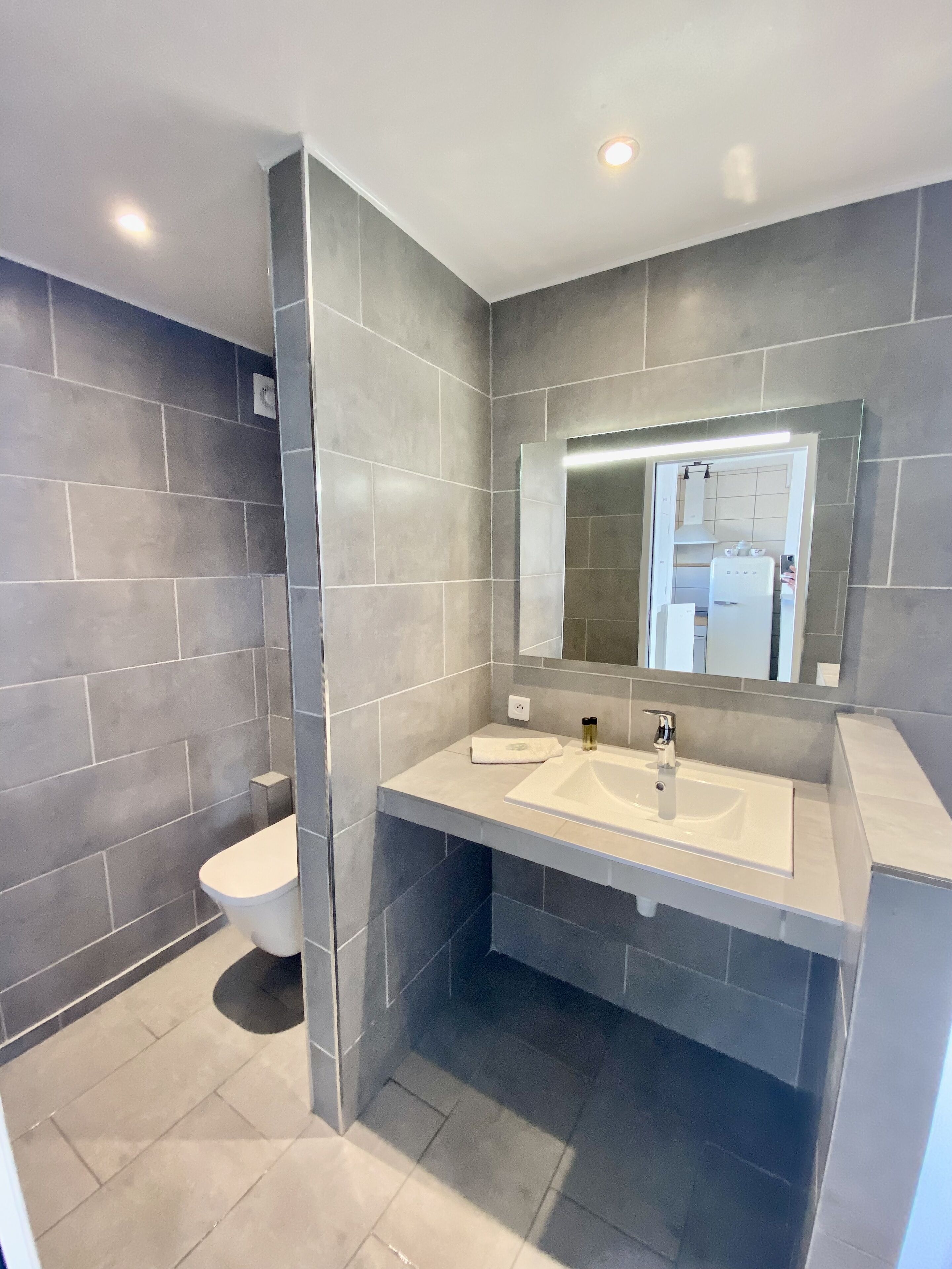 A modern bathroom with grey tiles, a white toilet, a double sink vanity, and a large mirror.