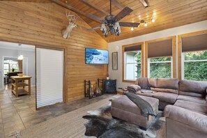 Een smart-tv, een open haard, een tafeltennistafel en boeken