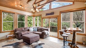 Smart TV, fireplace, ping pong, books