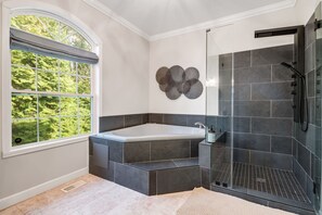 Shower, jetted tub, hair dryer, bidet