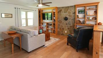 Smart TV, chimenea y libros
