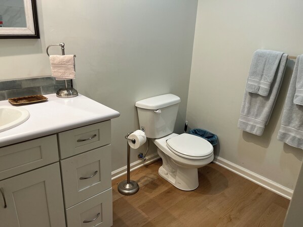 Un baño con inodoro, lavabo y toallero.