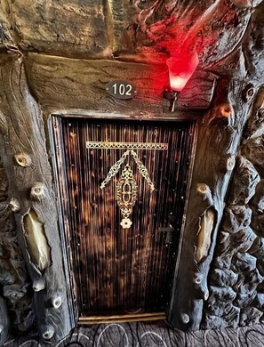 A wooden door with a number "102" above it, set in a textured wall with a rustic appearance.
